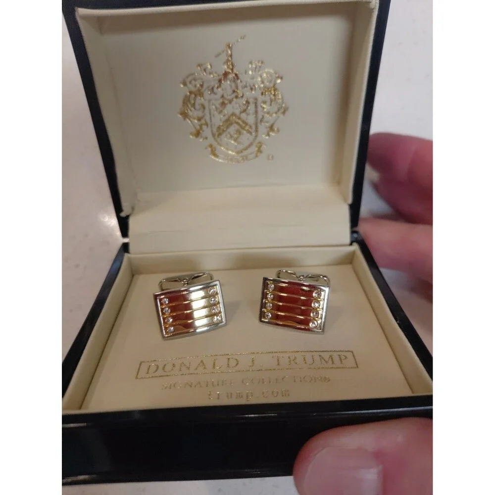 Donald J. Trump Signature Collection Gold Tone Crystal Cufflinks in original box